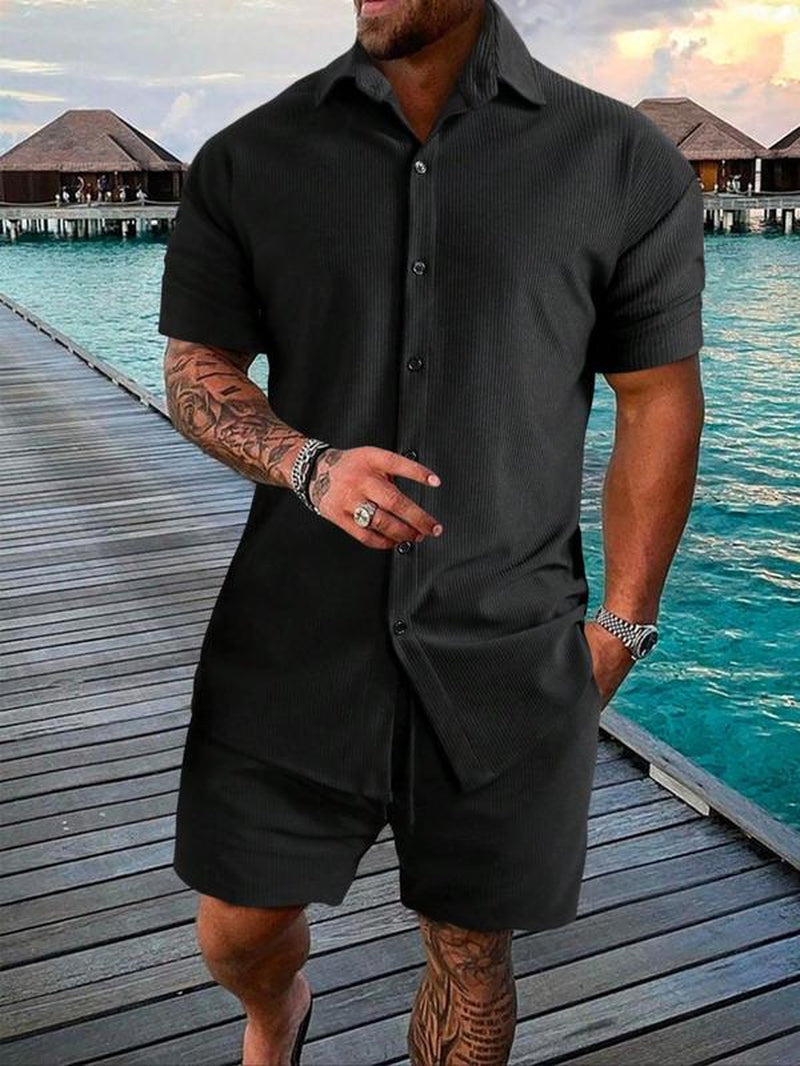 Men'S Solid Short Sleeve Polo Shirt & Shorts Jacquard Knits Set, Regular Fit Casual Comfy Button Front Top & Shorts for Summer, Men'S Clothes for Beach Vacation, Sets for Men Clothing