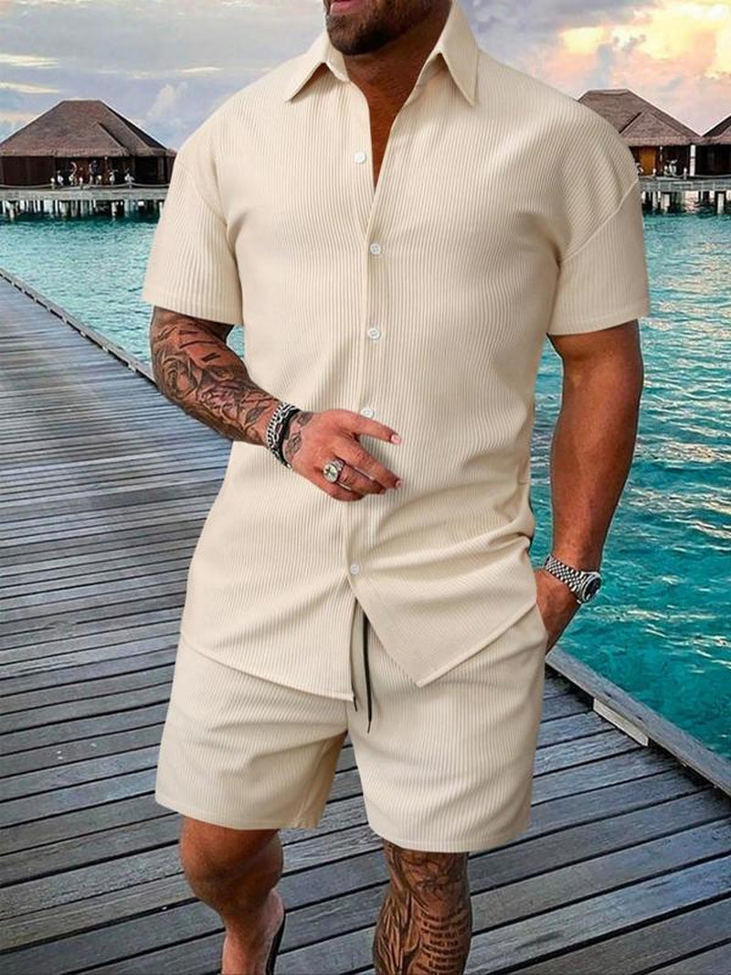 Men'S Solid Short Sleeve Polo Shirt & Shorts Jacquard Knits Set, Regular Fit Casual Comfy Button Front Top & Shorts for Summer, Men'S Clothes for Beach Vacation, Sets for Men Clothing