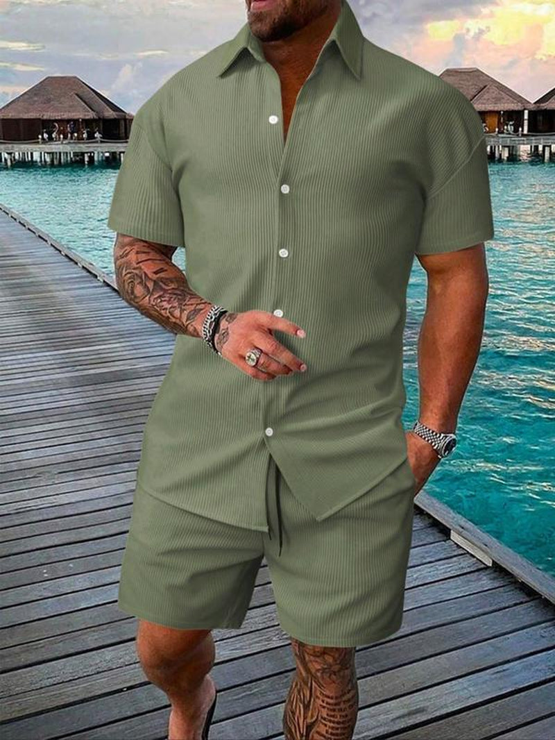 Men'S Solid Short Sleeve Polo Shirt & Shorts Jacquard Knits Set, Regular Fit Casual Comfy Button Front Top & Shorts for Summer, Men'S Clothes for Beach Vacation, Sets for Men Clothing