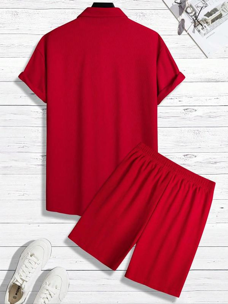 Men'S Solid Short Sleeve Polo Shirt & Shorts Jacquard Knits Set, Regular Fit Casual Comfy Button Front Top & Shorts for Summer, Men'S Clothes for Beach Vacation, Sets for Men Clothing