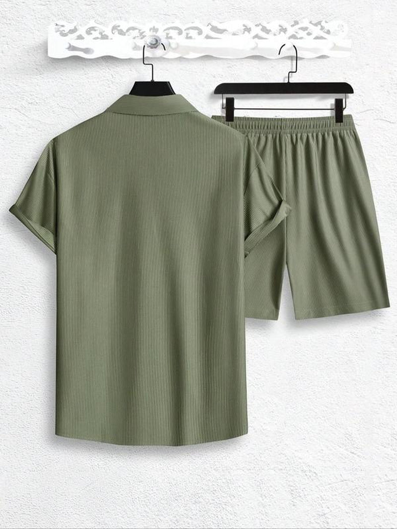 Men'S Solid Short Sleeve Polo Shirt & Shorts Jacquard Knits Set, Regular Fit Casual Comfy Button Front Top & Shorts for Summer, Men'S Clothes for Beach Vacation, Sets for Men Clothing