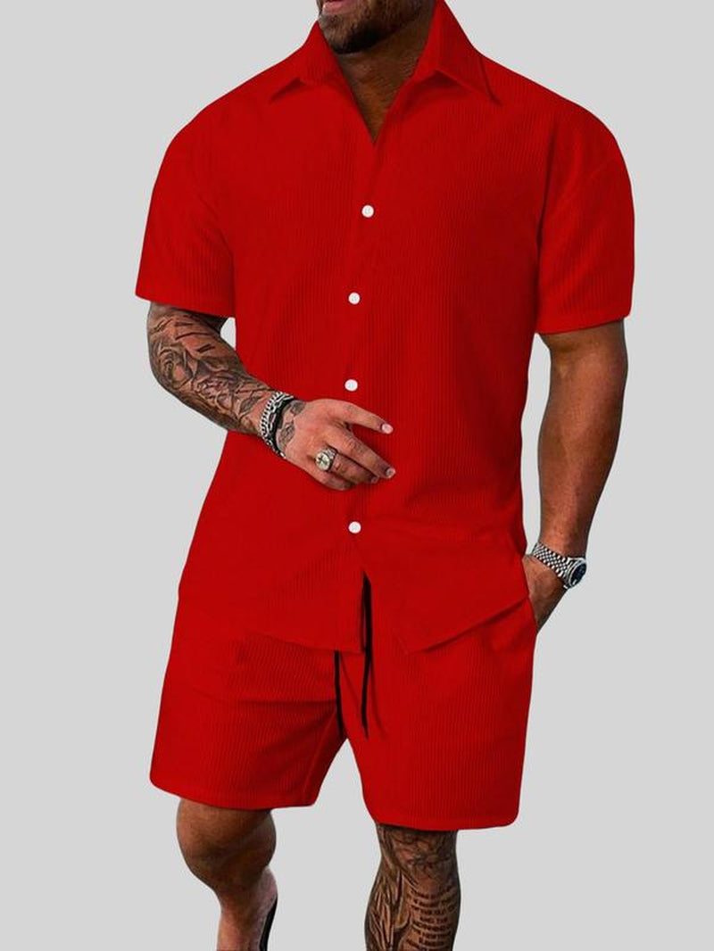 Men'S Solid Short Sleeve Polo Shirt & Shorts Jacquard Knits Set, Regular Fit Casual Comfy Button Front Top & Shorts for Summer, Men'S Clothes for Beach Vacation, Sets for Men Clothing