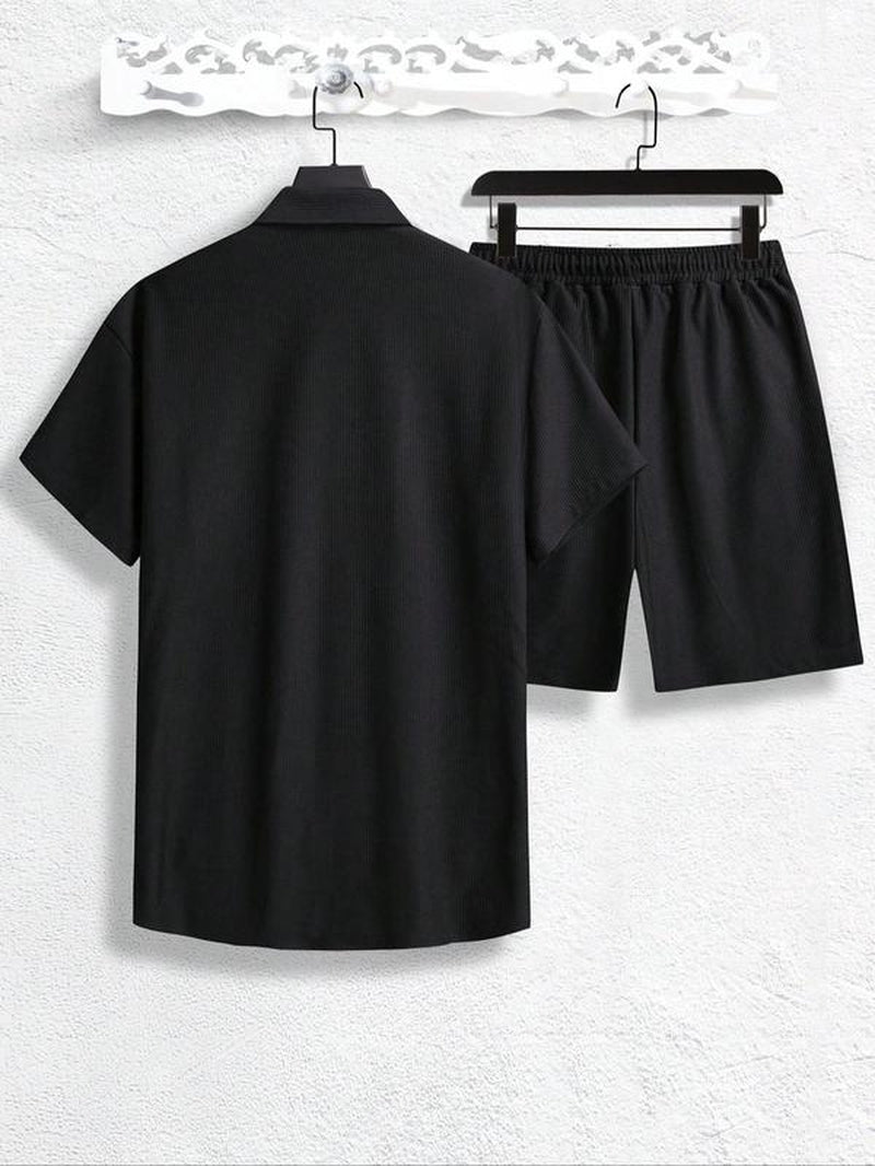 Men'S Solid Short Sleeve Polo Shirt & Shorts Jacquard Knits Set, Regular Fit Casual Comfy Button Front Top & Shorts for Summer, Men'S Clothes for Beach Vacation, Sets for Men Clothing