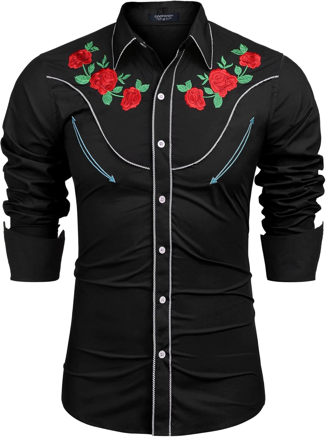 Men'S Cowboy Shirtss Embroidered Rose Design Shirts Western Long Sleeve Button down Shirts