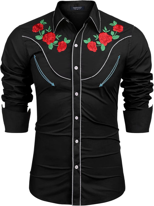 Men'S Cowboy Shirtss Embroidered Rose Design Shirts Western Long Sleeve Button down Shirts