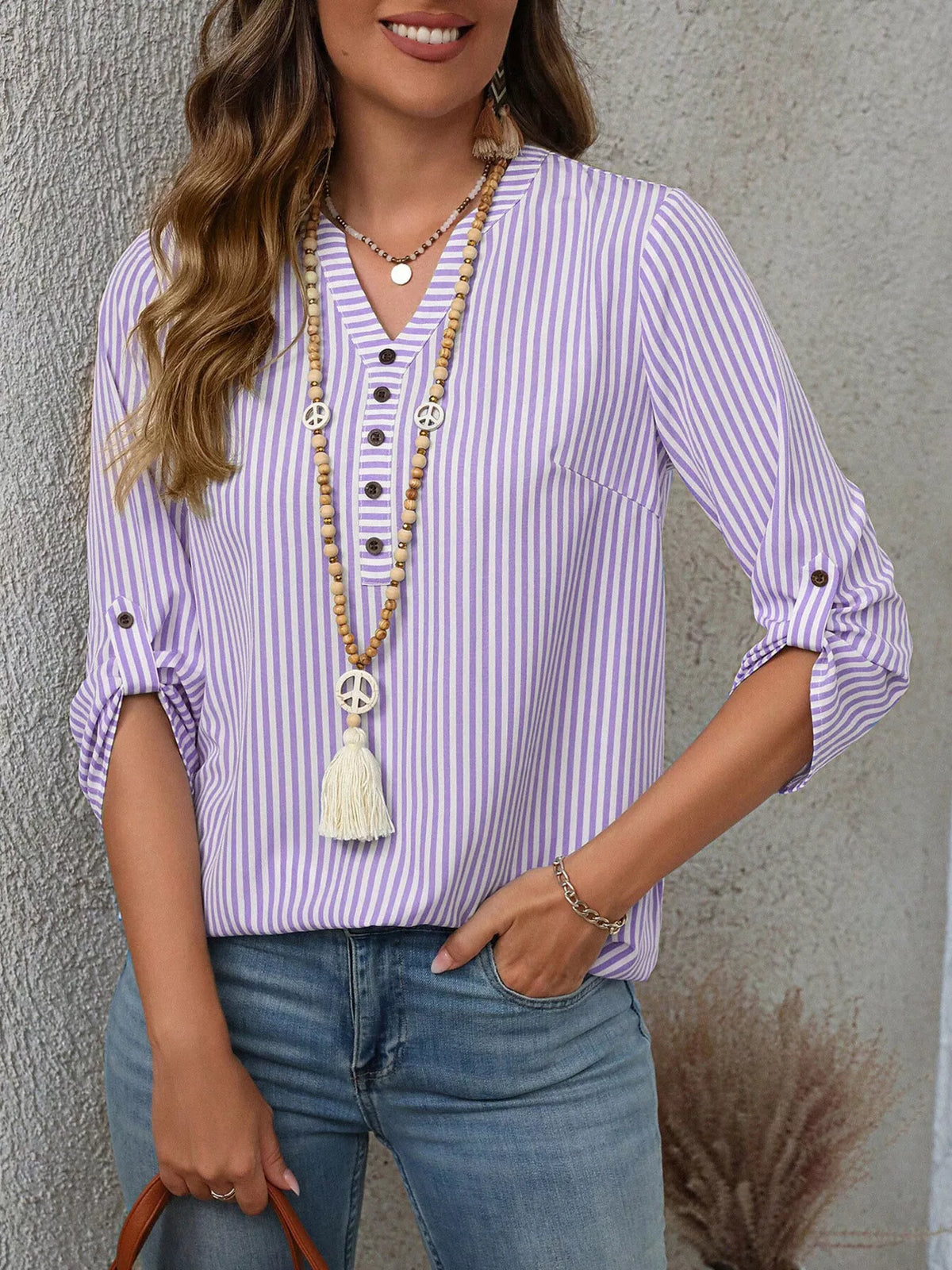 Striped V-Neck Roll-Up Sleeve Blouse