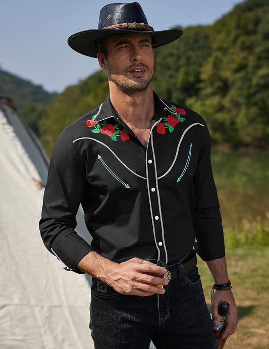Men'S Cowboy Shirtss Embroidered Rose Design Shirts Western Long Sleeve Button down Shirts
