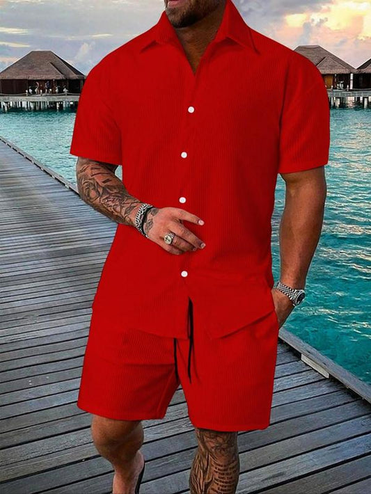 Men'S Solid Short Sleeve Polo Shirt & Shorts Jacquard Knits Set, Regular Fit Casual Comfy Button Front Top & Shorts for Summer, Men'S Clothes for Beach Vacation, Sets for Men Clothing