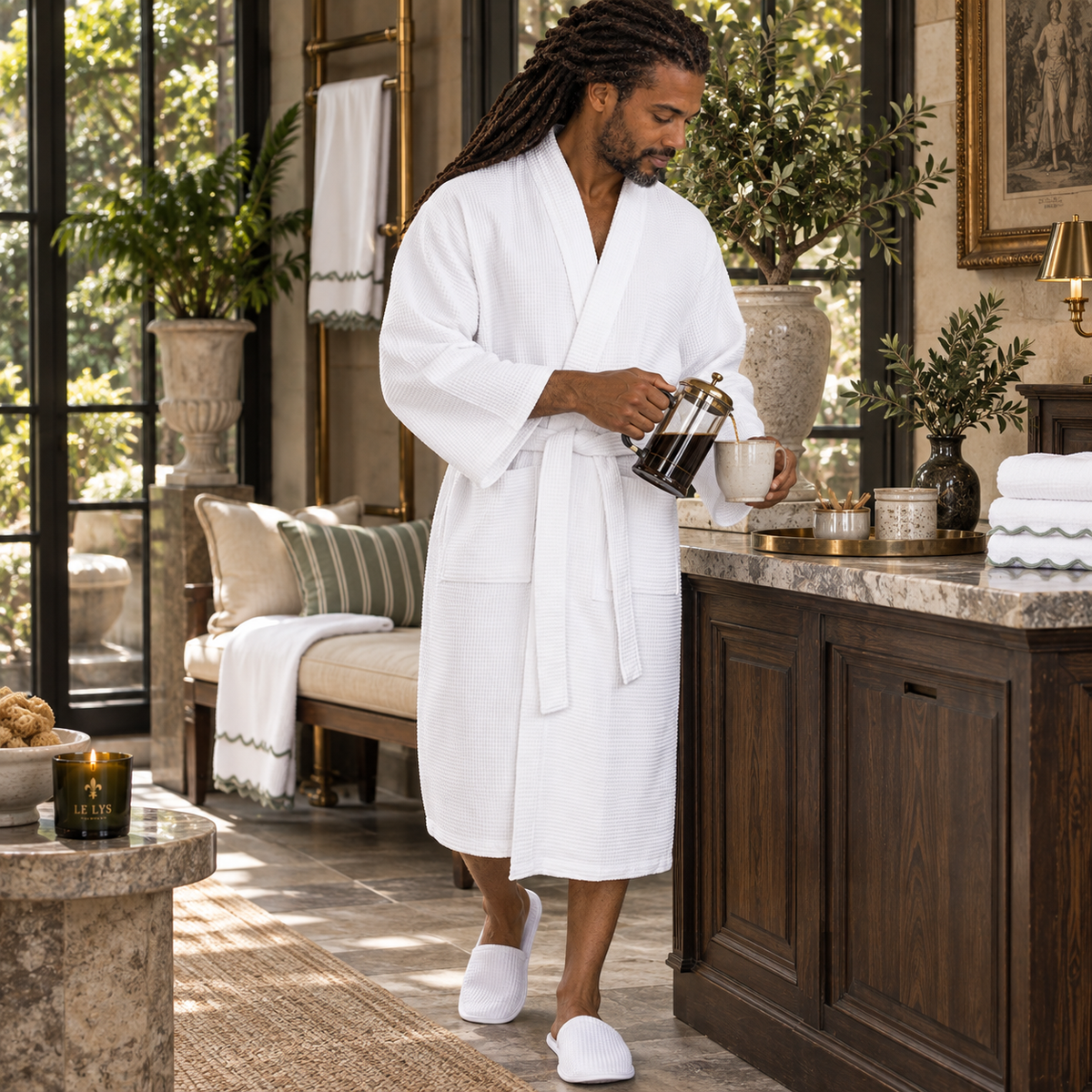 Waffle Spa Bathrobe for Men -  Absorbent, Lightweight