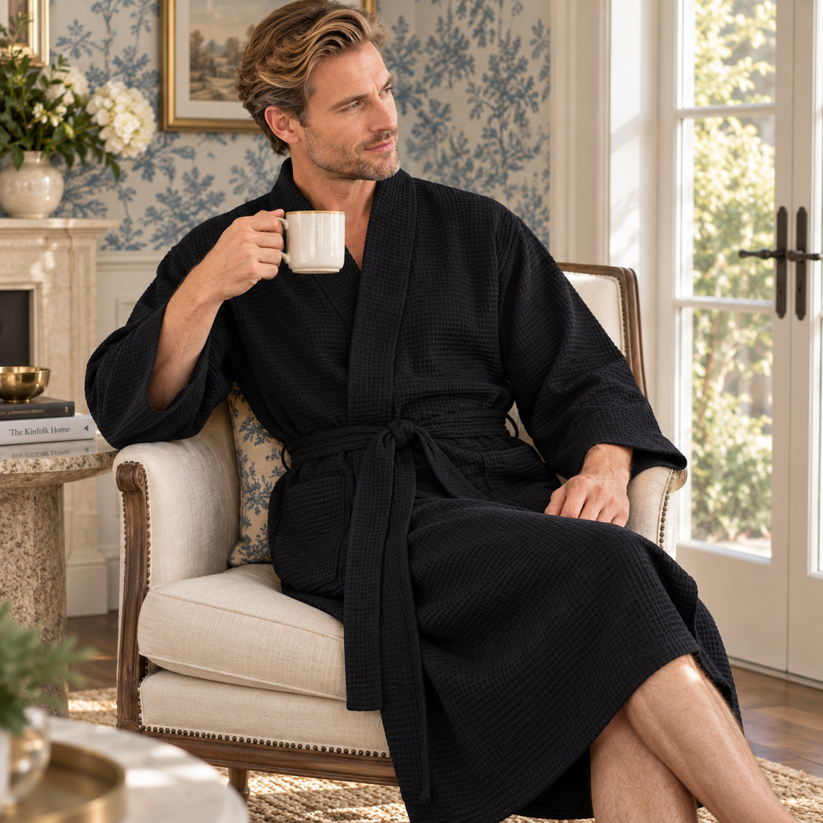 Waffle Spa Bathrobe for Men -  Absorbent, Lightweight