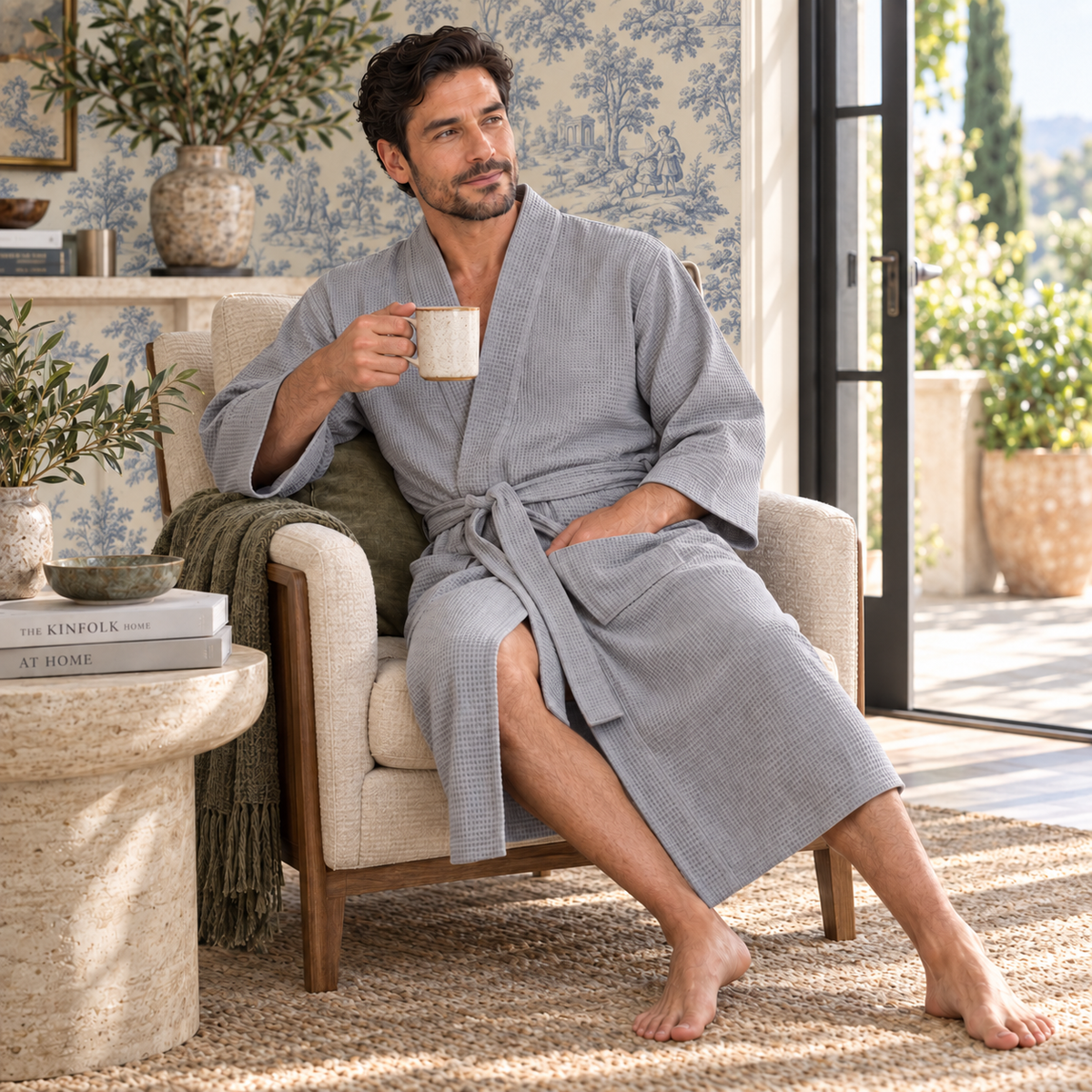Waffle Spa Bathrobe for Men -  Absorbent, Lightweight
