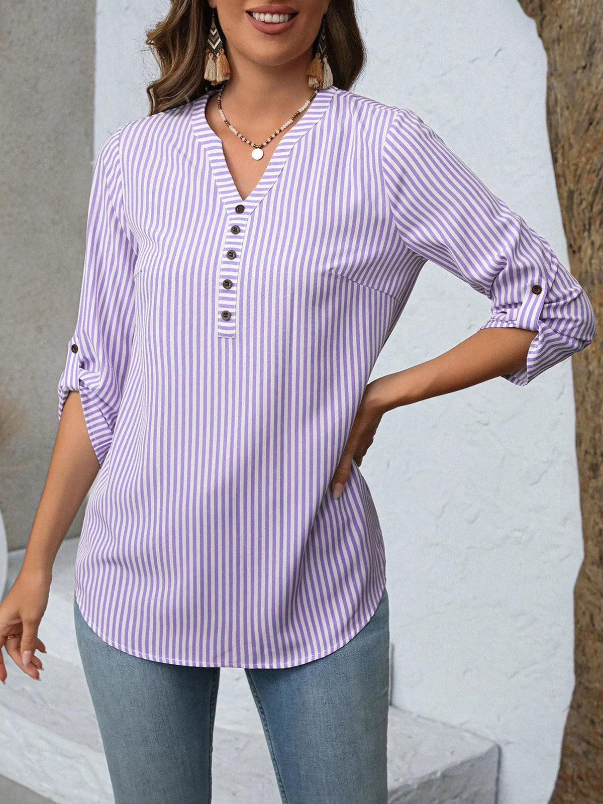 Striped V-Neck Roll-Up Sleeve Blouse