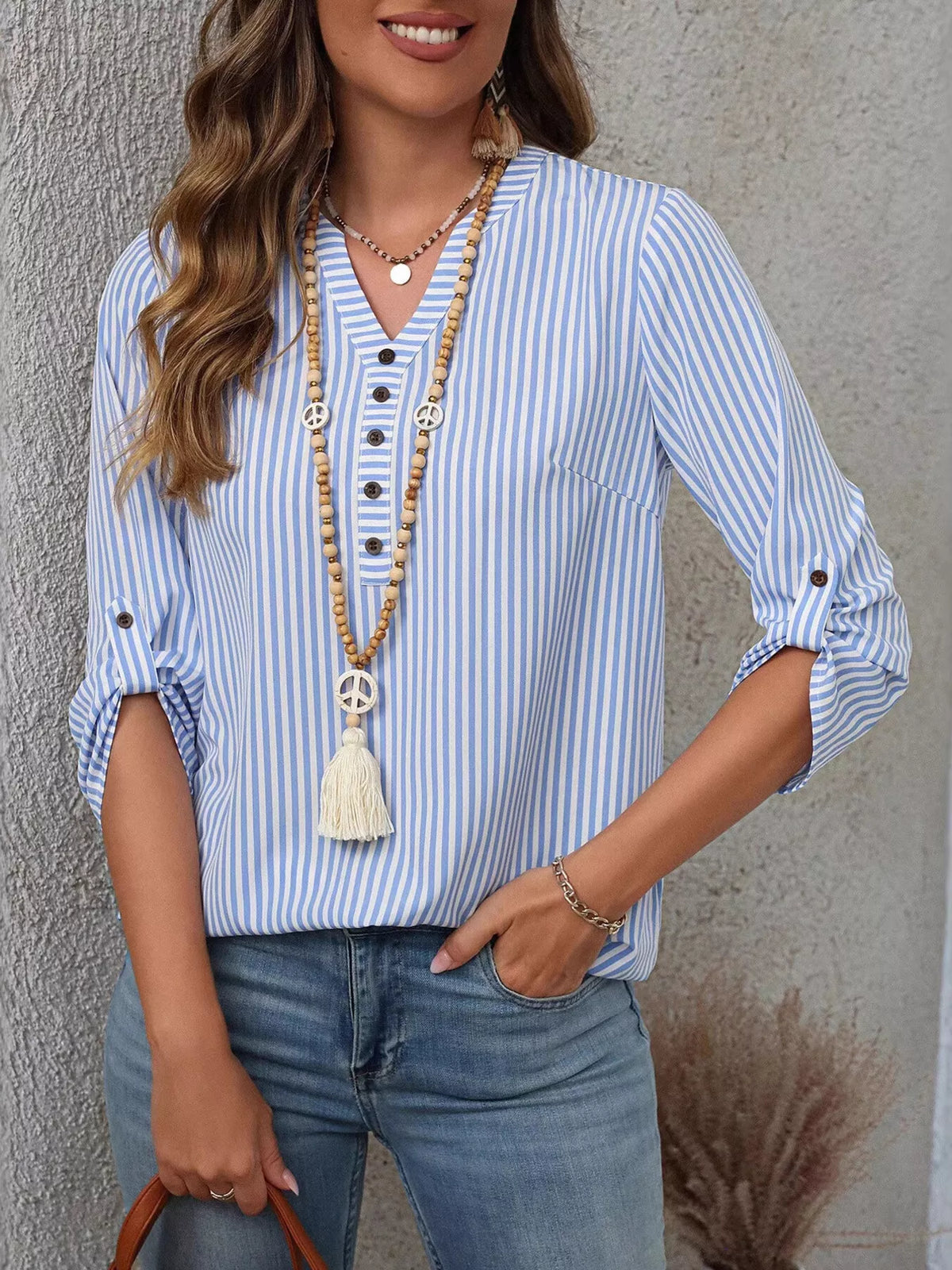 Striped V-Neck Roll-Up Sleeve Blouse
