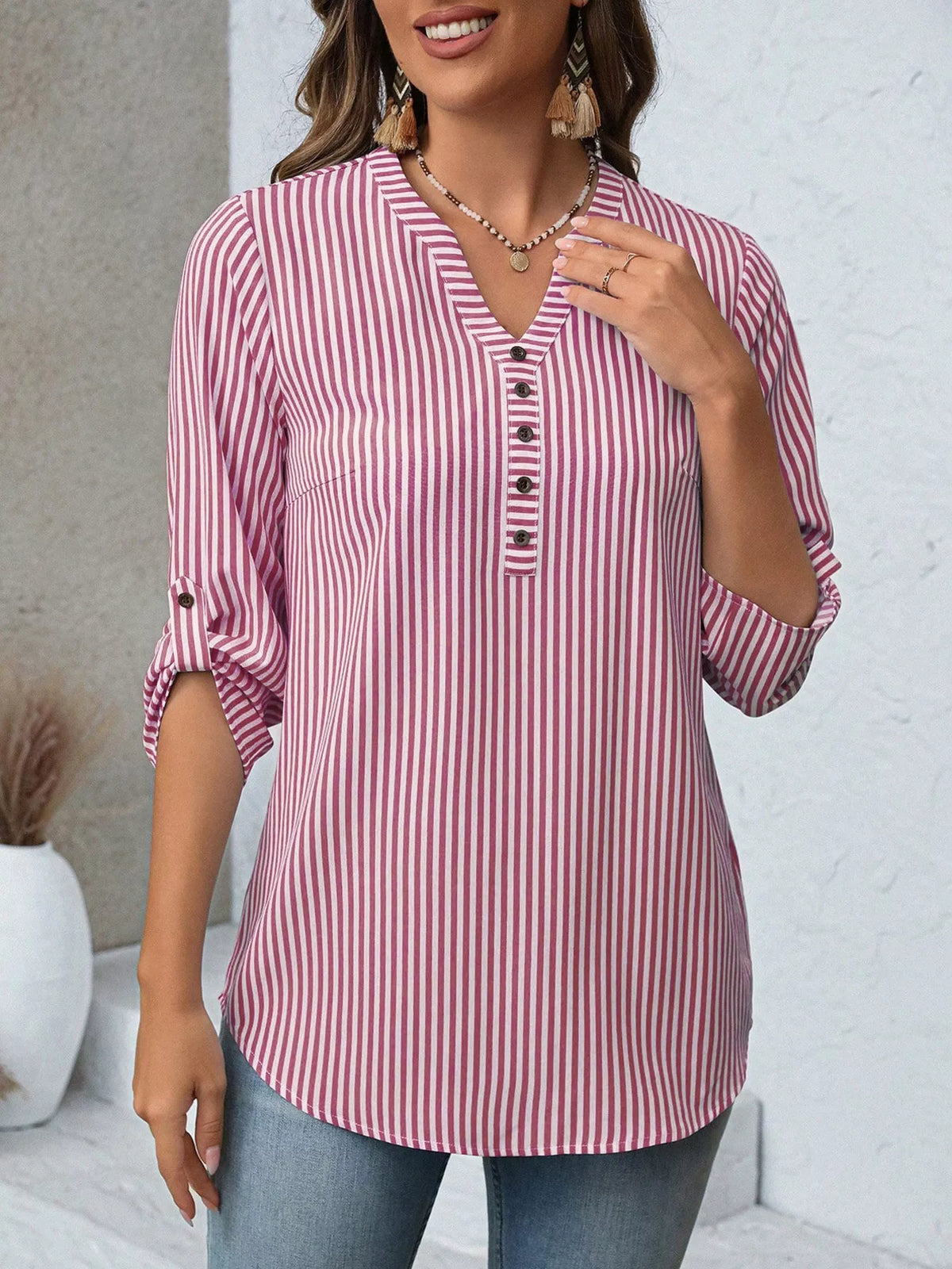 Striped V-Neck Roll-Up Sleeve Blouse